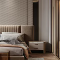 Elegant Modern Bedroom Interior With Upholstered Headboard Plush Pillows And Wooden Nightstand