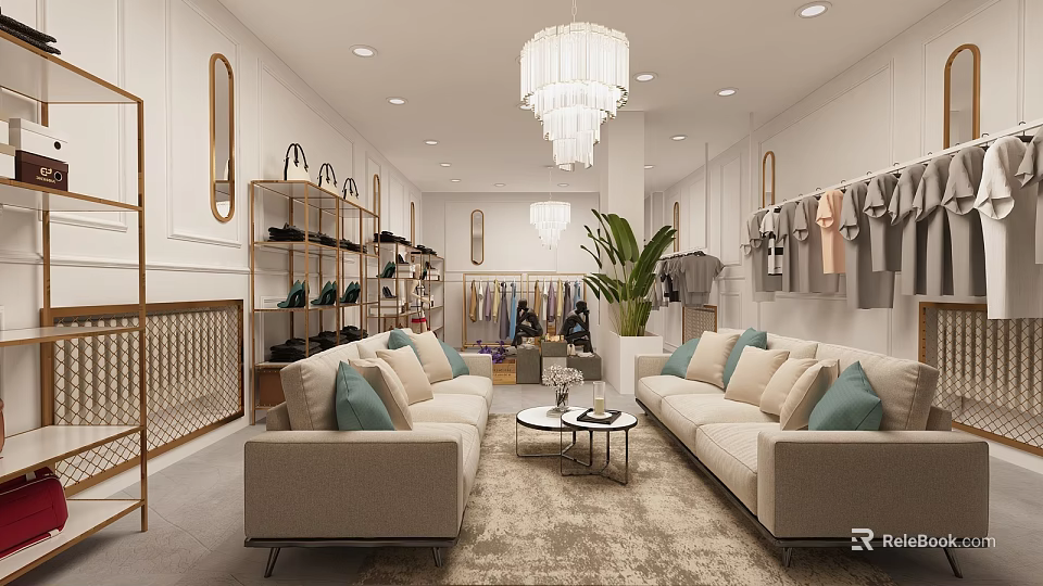 Elegant Clothing Store Interior With Comfortable Sofas Chandelier Green Plant Clothing Racks And Shoe Shelves 3d model 