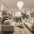 Elegant Clothing Store Interior With Comfortable Sofas Chandelier Green Plant Clothing Racks And Shoe Shelves