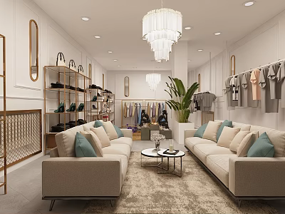 Elegant Clothing Store Interior With Comfortable Sofas Chandelier Green Plant Clothing Racks And Shoe Shelves 3d model