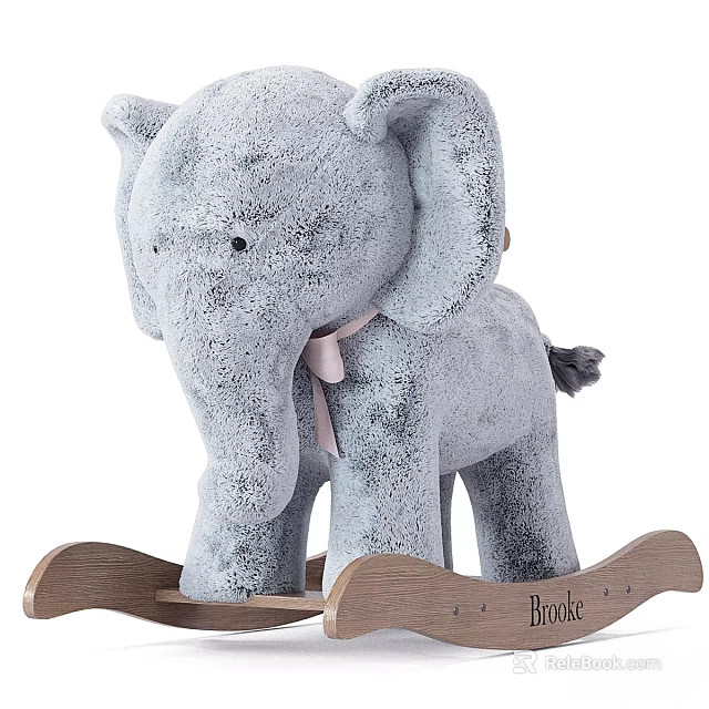 Gray Elephant Plush Toy on Wooden Rocking Base with Pink Bow and Name Brooke 3d model 