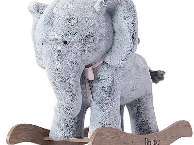 Gray Elephant Plush Toy on Wooden Rocking Base with Pink Bow and Name Brooke 3d model