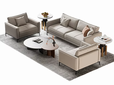 Modern Light Gray Sofa Coffee Table Set with Three-Seater Armchair Round Table and Decorative Items 3d model
