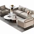 Modern Light Gray Sofa Coffee Table Set with Three-Seater Armchair Round Table and Decorative Items