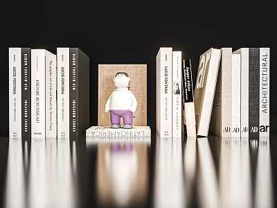 Books with Various Covers Arranged Featuring Small Figurine in Center 3d model