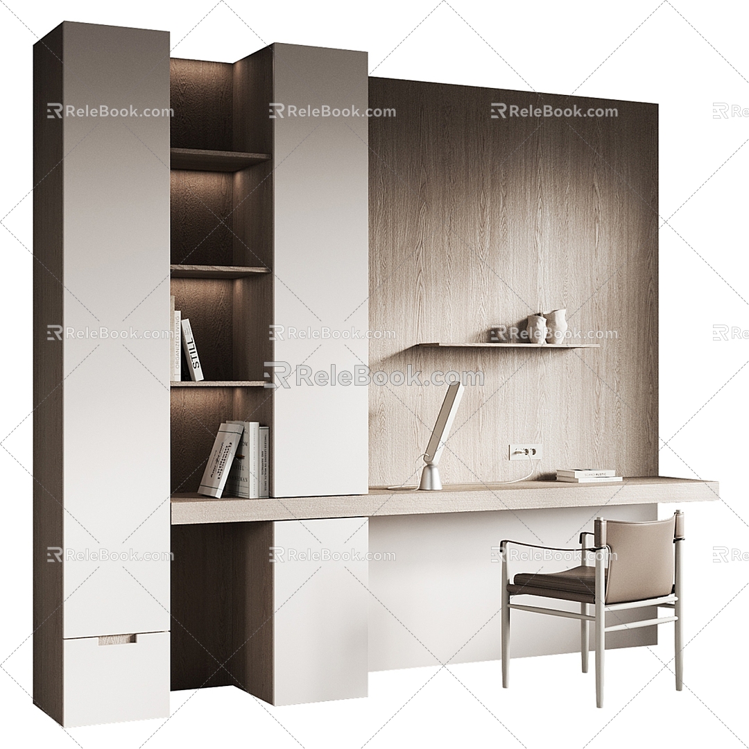 One-piece office desk and chair bookcase 3d model