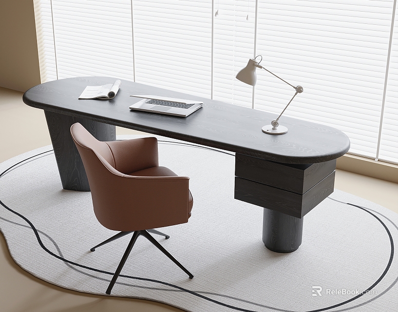 Stylish Black Desk With Brown Chair Table Lamp Open Notebook On Round Rug By Window With Blinds 3d model 