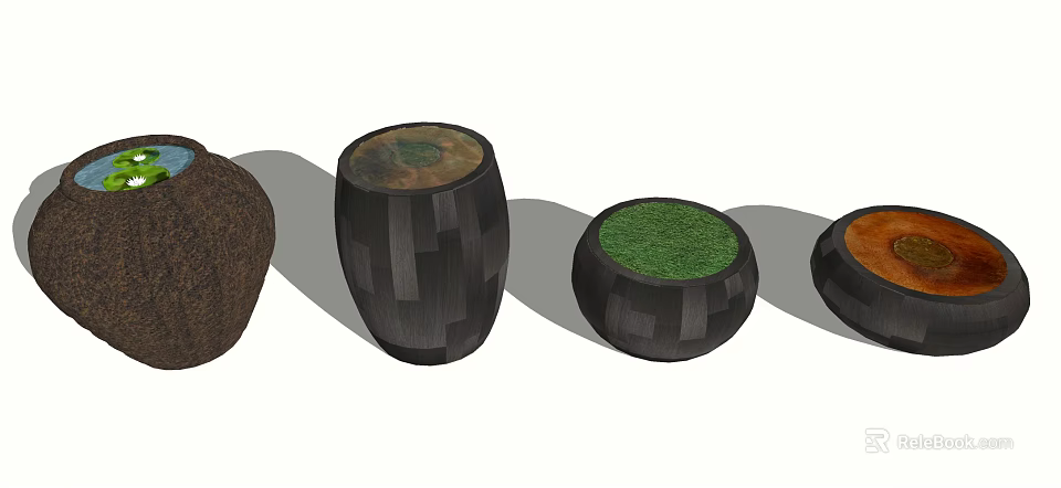Aquatic Fish Tanks in Wooden Barrel and Round Shapes with Green Plants 3d model 
