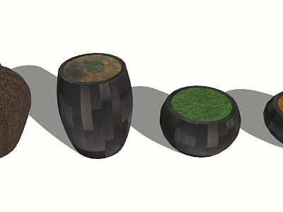 Aquatic Fish Tanks in Wooden Barrel and Round Shapes with Green Plants 3d model