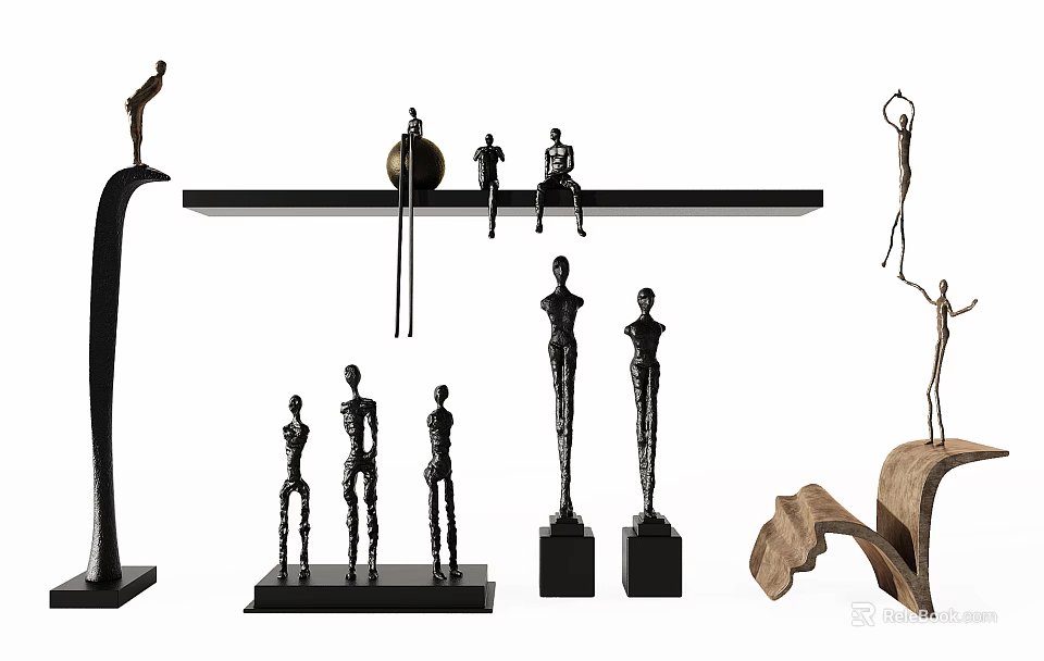 Abstract Human Figure Decorative Figurine Set With Black Metal Artistic Sculptures And Shelf 3d model 