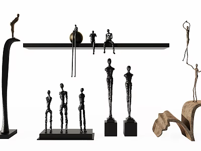 Abstract Human Figure Decorative Figurine Set With Black Metal Artistic Sculptures And Shelf 3d model