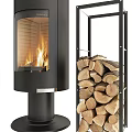 Modern Black Fireplace With Glass Door And Flame Next To Metal Rack With Stacked Firewood