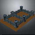 3D Medieval Castle Model With Square Structure Blue Towers And Orange Ground 3d model