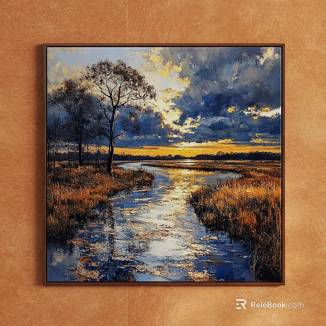 Oil Painting Of Sunset River Landscape With Trees Grass Cloudy Sky And Reflection 3d model 