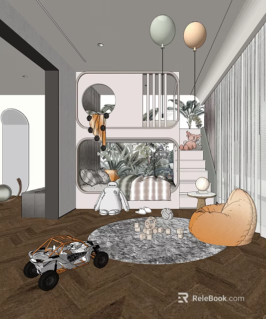 Cute Kids Room Interior With Cozy Bed Stuffed Animals Play Rug And Decorative Plants 3d model 