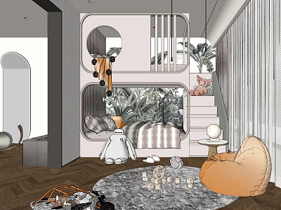 Cute Kids Room Interior With Cozy Bed Stuffed Animals Play Rug And Decorative Plants 3d model