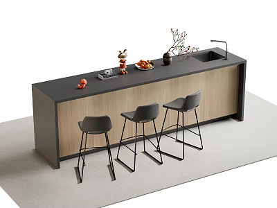 Modern Bar Counter With Black Top Wooden Cabinet Three Black Stools Fruit Decor And Sink 3d model