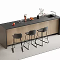 Modern Bar Counter With Black Top Wooden Cabinet Three Black Stools Fruit Decor And Sink