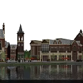 European Style Commercial Complex Featuring Clock Tower Red Brick Buildings Waterfront Reflection And Pedestrians