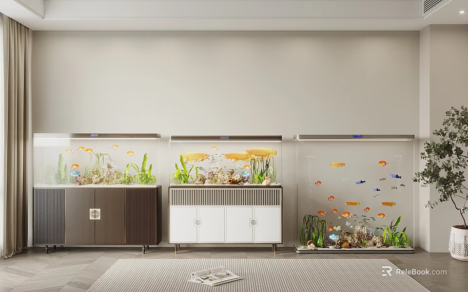 Three Fish Tanks with Cabinet Bases in Living Room Interior Featuring Colorful Fish and Aquatic Plants 3d model 