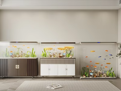 Three Fish Tanks with Cabinet Bases in Living Room Interior Featuring Colorful Fish and Aquatic Plants 3d model