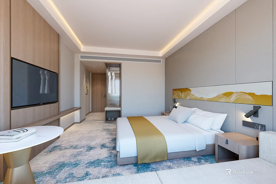 Hotel Room Modern Interior With King Bed Flat Screen TV Patterned Carpet And Bedside Lamps 3d model 