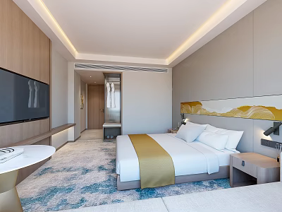 Hotel Room Modern Interior With King Bed Flat Screen TV Patterned Carpet And Bedside Lamps 3d model