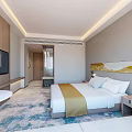 Hotel Room Modern Interior With King Bed Flat Screen TV Patterned Carpet And Bedside Lamps