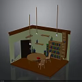 Cozy Room Furniture Arrangement With Round Table Chairs Bookshelf And Hanging Lights