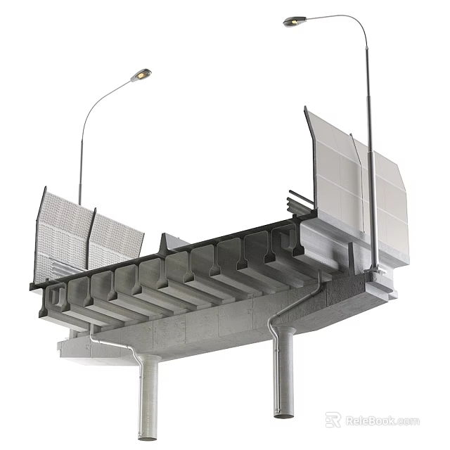 Modern Road Infrastructure With Concrete Bridge Structure Acoustic Barriers And Street Lamps 3d model 