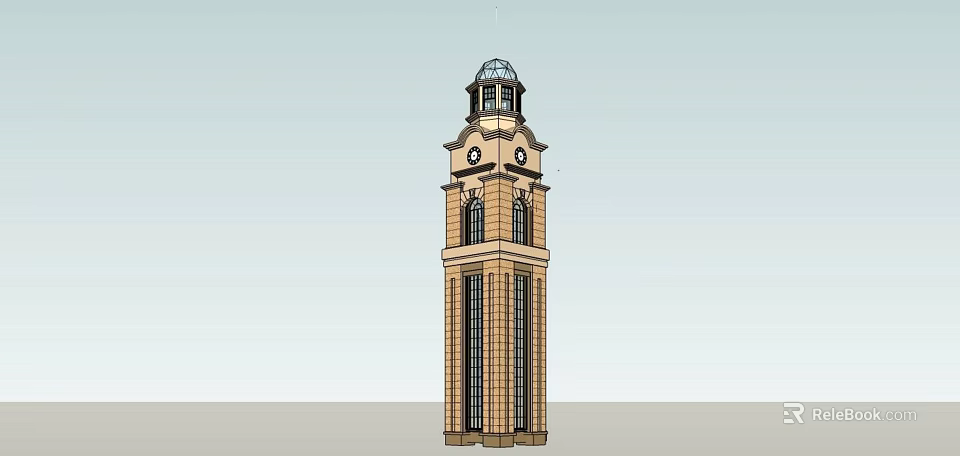 Brick Clock Tower With Domed Top And Tall Architectural Windows Design 3d model 