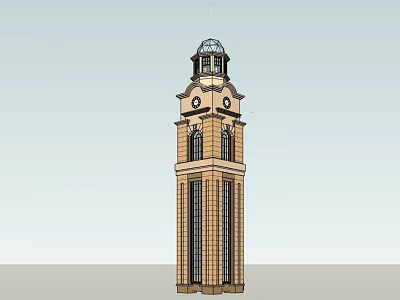 Brick Clock Tower With Domed Top And Tall Architectural Windows Design 3d model