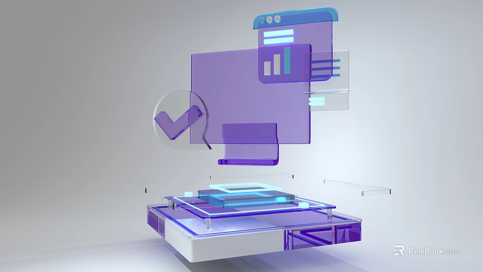 Tech Inspired UI Design Featuring Transparent Purple Blue Panels Data Charts And Checkmark Icon 3d model