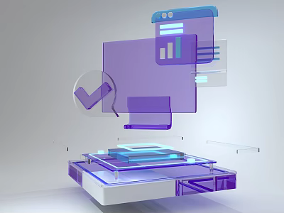 Tech Inspired UI Design Featuring Transparent Purple Blue Panels Data Charts And Checkmark Icon 3d model