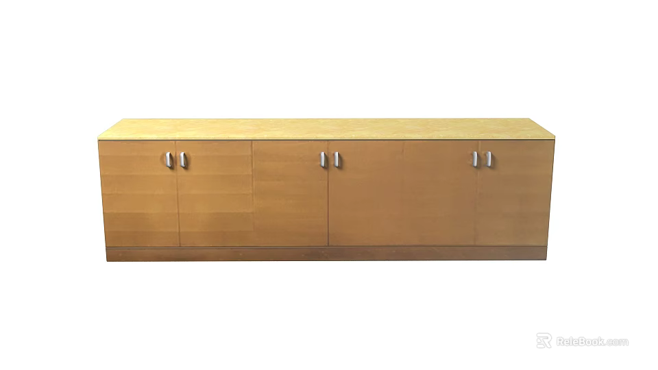 Modern Long Wooden Bookcase With Three Cabinet Doors And Metal Handles 3d model 