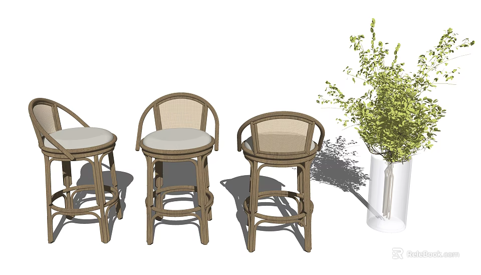 Rattan Backrest Bar Stools With Light Colored Seat Cushions And Transparent Vase Green Plants 3d model 