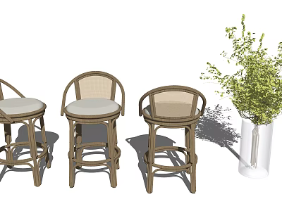 Rattan Backrest Bar Stools With Light Colored Seat Cushions And Transparent Vase Green Plants 3d model