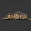 Architectural Model of Courtyard Building with Gray Roofs Orange Brick Walls and Symmetrical Gardens