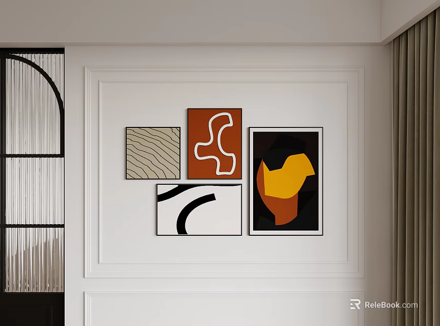 Abstract Paintings With Geometric Shapes And Abstract Lines Hanging On White Wall 3d model 