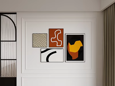 Abstract Paintings With Geometric Shapes And Abstract Lines Hanging On White Wall 3d model