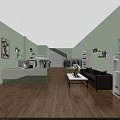 Contemporary Retail Interior With Light Green Walls Wooden Floors Seating Area And Clothing Racks