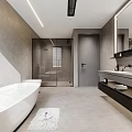 Modern Bathroom Interior With Freestanding Bathtub Wall Mounted Vanity And Mirror