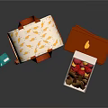 Yellow Bird Pattern on Blue Box with White Handbag and Open Boxes of Colorful Candies