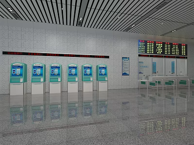Modern Government Service Hall With Multiple Self Service Kiosks And Information Display Screens 3d model