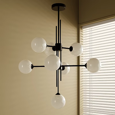 Modern Chandelier With Multiple Spherical Glass Shades And Black Metal Frame Near Window Blinds 3d model