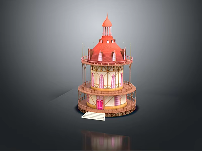 Fairy Tale Tower Building With Red Pointed Roof Multi Floor Balconies Pink Door White Steps 3d model