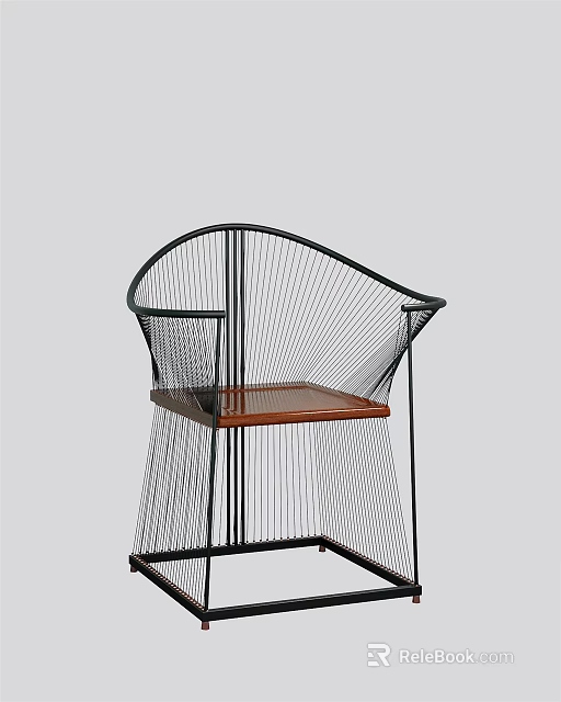 Stylish Modern Single Chair With Black Metal Frame Ergonomic Wire Mesh Design And Wooden Seat 3d model 