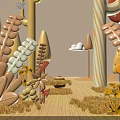 Cartoon Natural Scene Decor With Feather Flower Shaped Plants Mushrooms Clouds Warm Tones