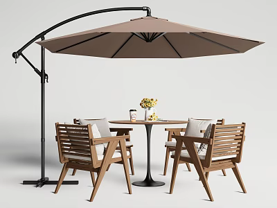 Outdoor Table and Chair Set with Wooden Chairs Round Table Brown Parasol and Flower Vase 3d model