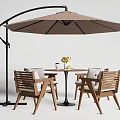 Outdoor Table and Chair Set with Wooden Chairs Round Table Brown Parasol and Flower Vase